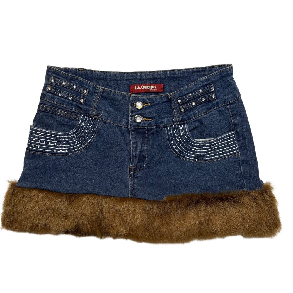 L.A. Concepts Y2K Denim Mini Skirt with Brown Faux Fur Trim & Rhinestones M